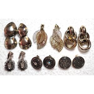 Clip On Earrings Lot Dangle Button Silvertone Goldtone Cameo Leaves Door Knocker